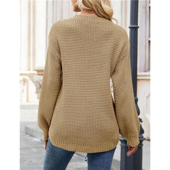 ✨ Women’s Waffle Knit Pullover Sweater | Lantern Sleeve Crewneck Loose Fit ✨ - Picture 4 of 6